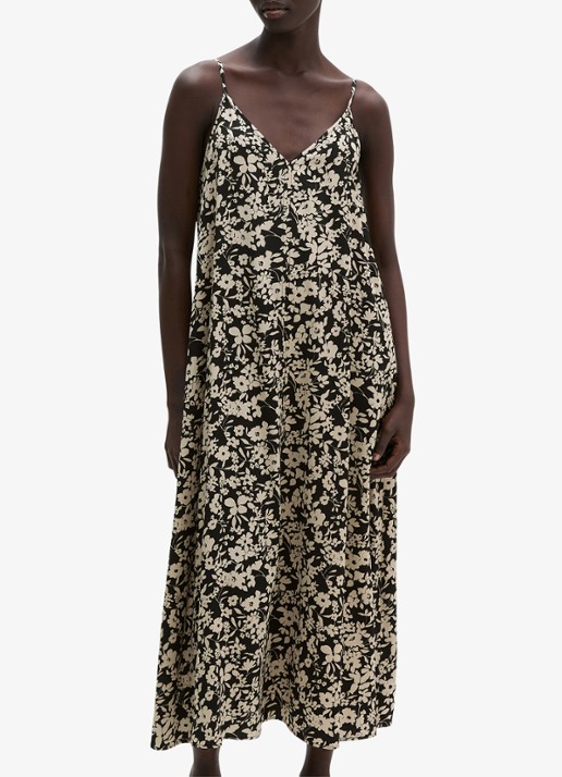 Marc O'Polo Midi jurk met V-hals en bloemenprint - detail 4 black multi 03 / zwart