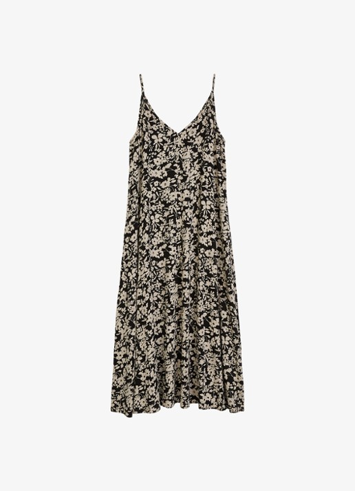 Marc O'Polo Midi jurk met V-hals en bloemenprint - voorkant black multi 03 / zwart