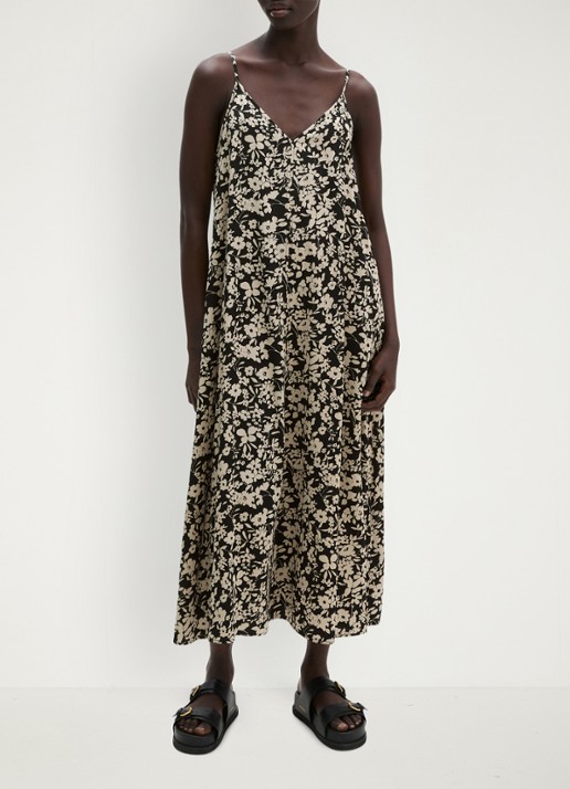 Marc O'Polo Midi jurk met V-hals en bloemenprint - voorkant 2 black multi 03 / zwart