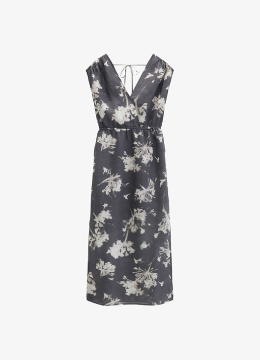 Marc O'Polo Midi jurk met V-hals - voorkant 4 dark grey_multi_03-0534 / grijs