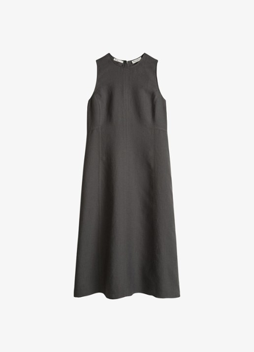 Marc O'Polo Midi jurk van linnen met ronde hals - voorkant oxide grey-0364 / grijs