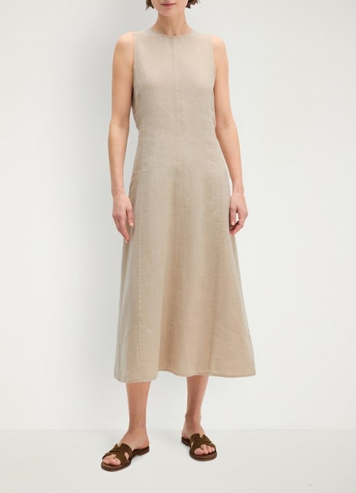 Marc O'Polo Midi jurk van linnen met ronde hals - voorkant 2 sandpaper-2326 / beige