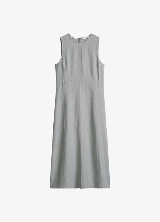 Marc O'Polo Midi jurk van linnen met ronde hals - voorkant 4 quiet sea-0639 / blauw