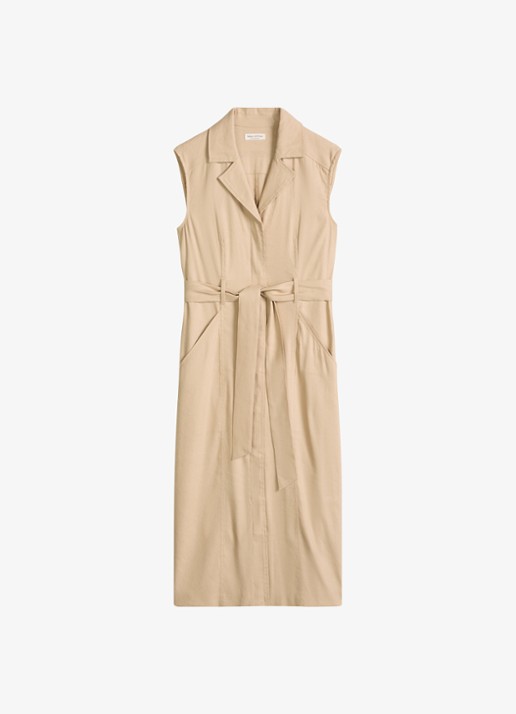 Marc O'Polo Midi mouwloze jurk in linnenblend met strikceintuur - voorkant 4 sandpaper-2326 / beige