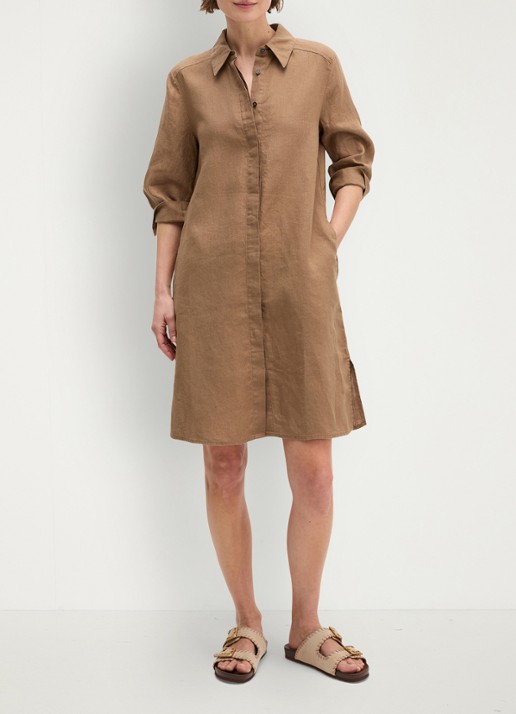 Marc O'Polo Mini blousejurk van linnen met halflange mouw - voorkant 4 burnt brown-1972 / bruin