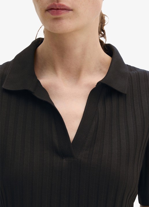 Marc O'Polo Pointelle polo met korte mouw - detail 5 black / zwart