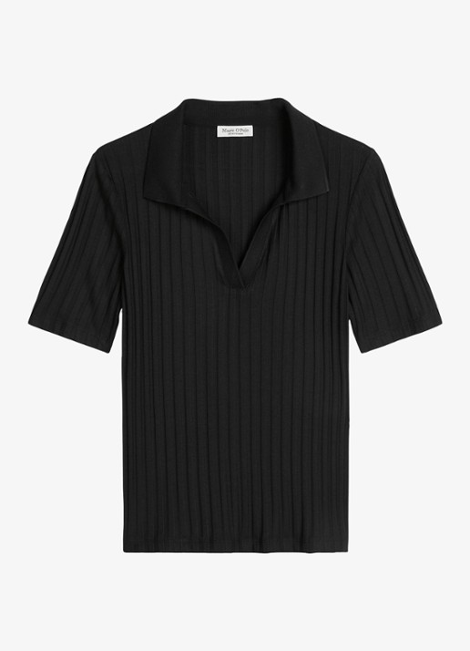 Marc O'Polo Pointelle polo met korte mouw - voorkant 2 black / zwart