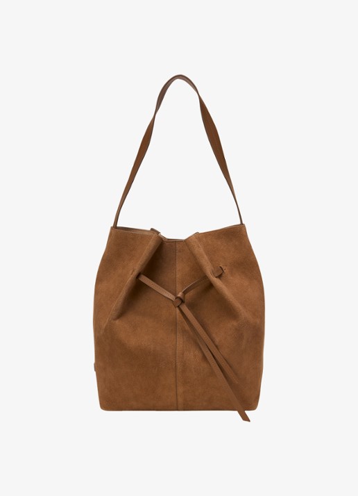 Marc O'Polo Schoudertas van suède met logo - voorkant camel