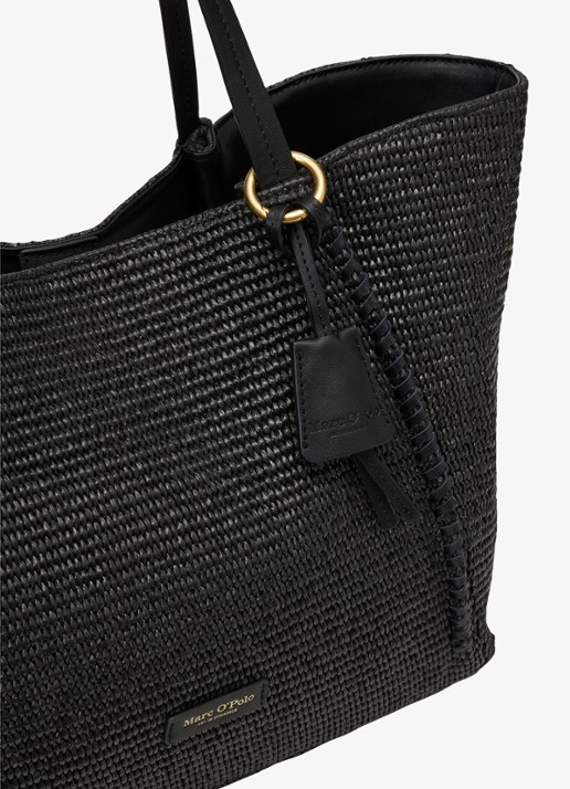 Marc O'Polo Shopper van raffia met leren details - detail 2 black / zwart