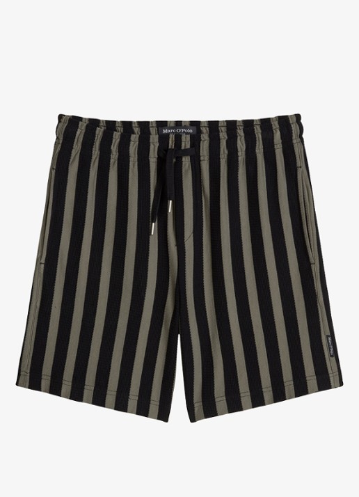 Marc O'Polo Straight fit korte broek met streepprint - voorkant 3 black 01-0093 / zwart
