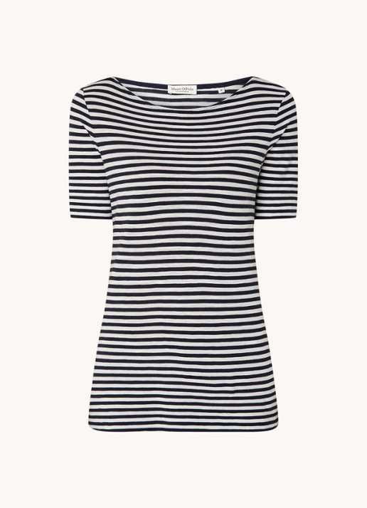 Marc O'Polo T-shirt met boothals en streepprint - voorkant donkerblauw