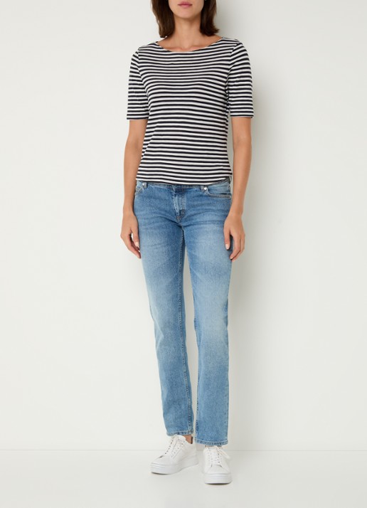 Marc O'Polo T-shirt met boothals en streepprint - voorkant 2 donkerblauw
