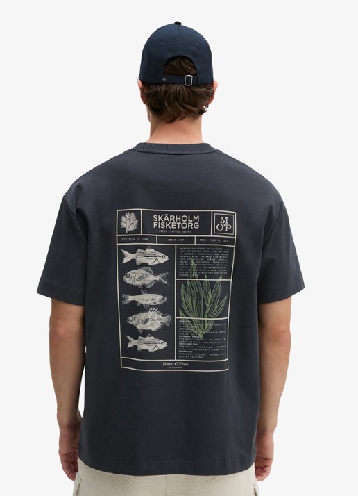 Marc O'Polo T-shirt met logo- en backprint - achterkant 3 donkerblauw