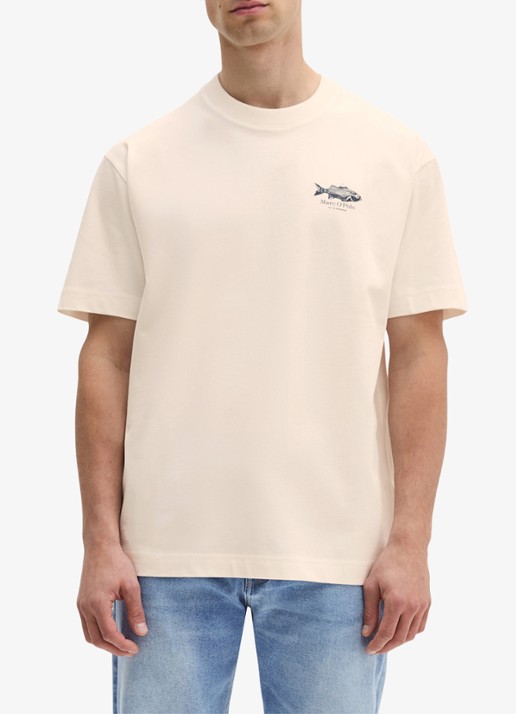 Marc O'Polo T-shirt met logo- en backprint - detail creme