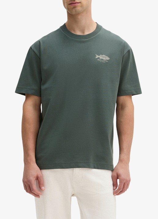 Marc O'Polo T-shirt met logo- en backprint - detail groen