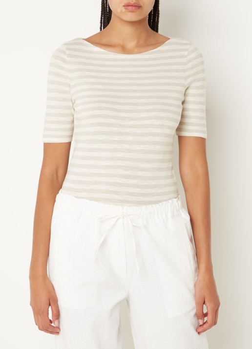 Marc O'Polo T-shirt met streepprint en stretch - detail 3 grijs