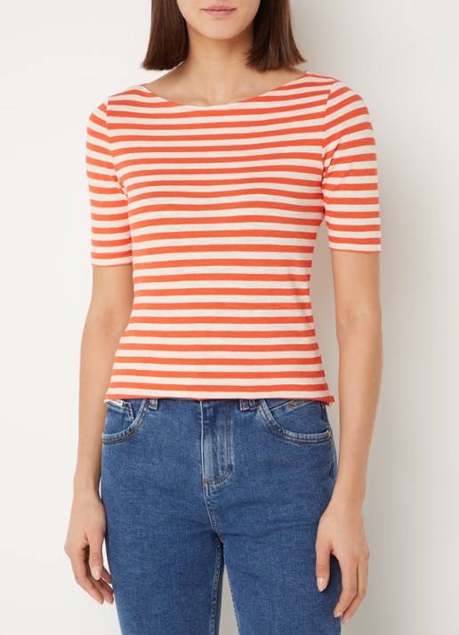 Marc O'Polo T-shirt met streepprint en stretch - detail 3 oranjerood