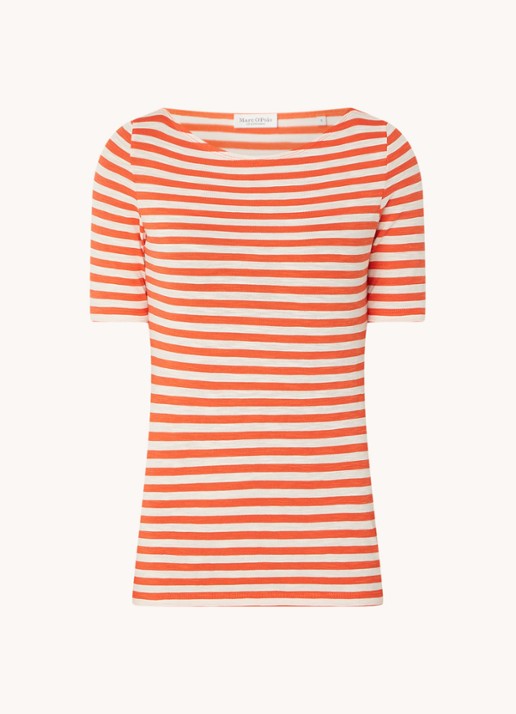 Marc O'Polo T-shirt met streepprint en stretch - voorkant oranjerood