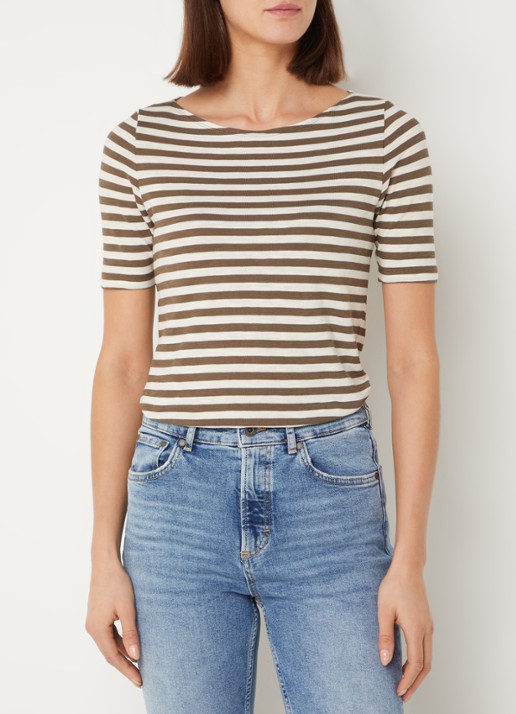 Marc O'Polo T-shirt met streepprint en stretch - detail 3 lichtbruin