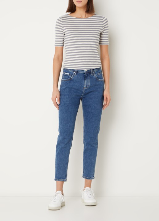 Marc O'Polo T-shirt met streepprint en stretch - voorkant 2 lichtgrijs