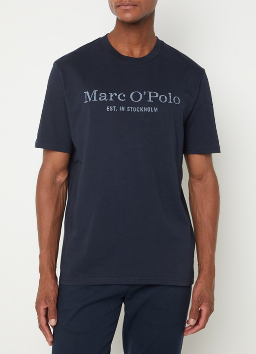 Marc O'Polo T-shirt van  katoen met logo - detail indigo