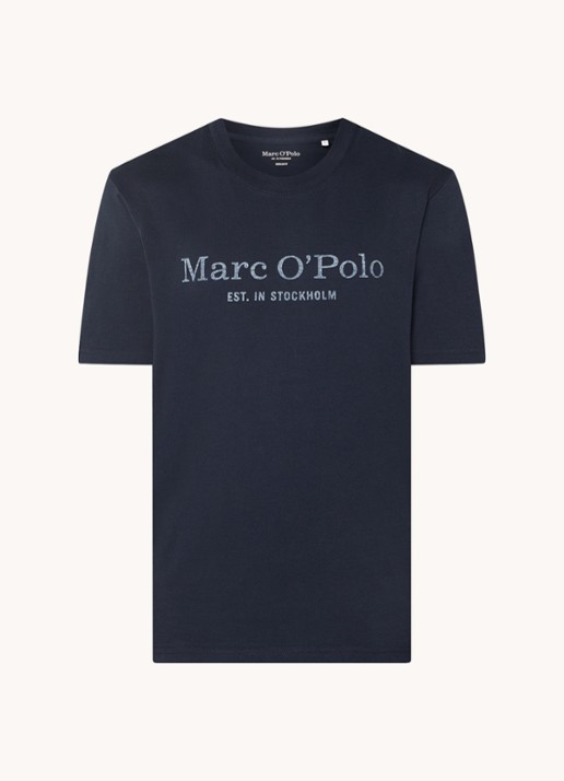 Marc O'Polo T-shirt van  katoen met logo - voorkant 3 indigo