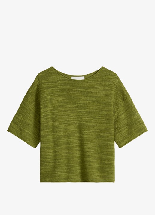 Marc O'Polo Trui in katoen-linnenblend met bateauhals - voorkant 4 shaded fern / groen