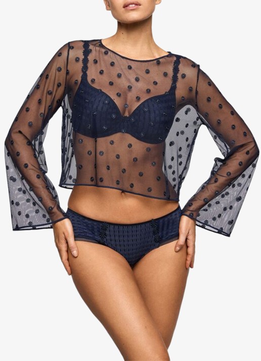 Marie Jo Avero lingerie top van mesh met bloemborduring - voorkant 2 donkerblauw