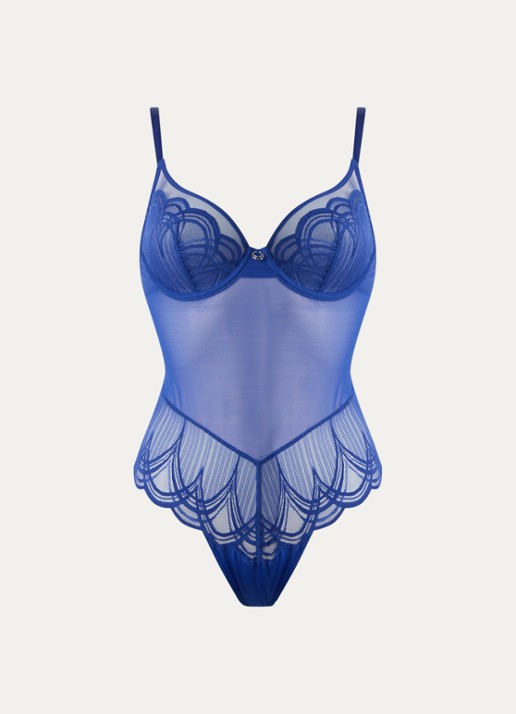 Marie Jo Cathia semi-transparante plunge body met kant - voorkant royalblauw