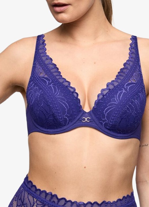 Marie Jo Cerina voorgevormde plunge bh met overlay van kant - detail donkerblauw