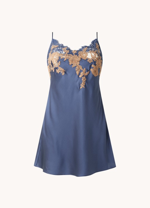 Marjolaine Nina slipdress van zijde met borduring - voorkant donkerblauw