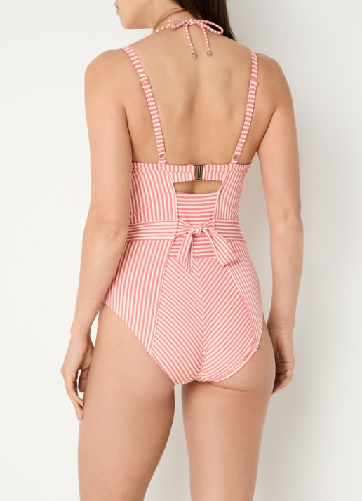 Marlies Dekkers Holi Vintage voorgevormde balconette badpak met streepprint - achterkant koraalroze