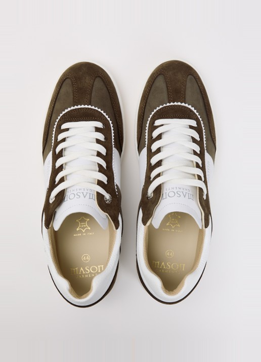 Mason Garments Napoli Bicolore sneaker van suède met leren details - detail 3 bronsgroen