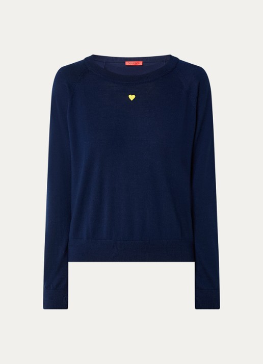 Max & Co Doberman fijngebreide pullover van scheerwol met borduring - voorkant 3 donkerblauw