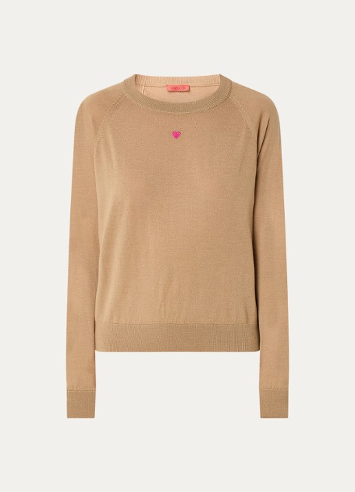Max & Co Doberman fijngebreide pullover van scheerwol met borduring - voorkant 2 camel