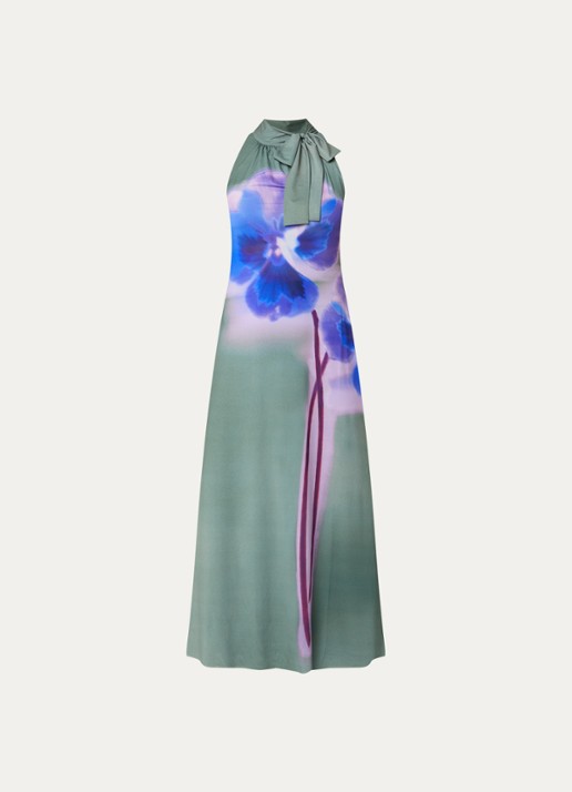 Max & Co Lorena midi jurk met bloemenprint en sjaalkraag - voorkant olijfgroen