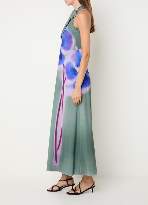 Max & Co Lorena midi jurk met bloemenprint en sjaalkraag - voorkant 2 olijfgroen