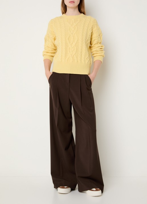 Max Mara Adelfi high waist wide fit pantalon van scheerwol - voorkant 2 donkerbruin