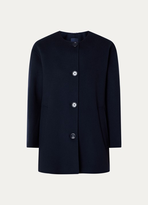 Max Mara Alicia mantel van scheerwol met steekzakken en sjaalkraag - voorkant donkerblauw