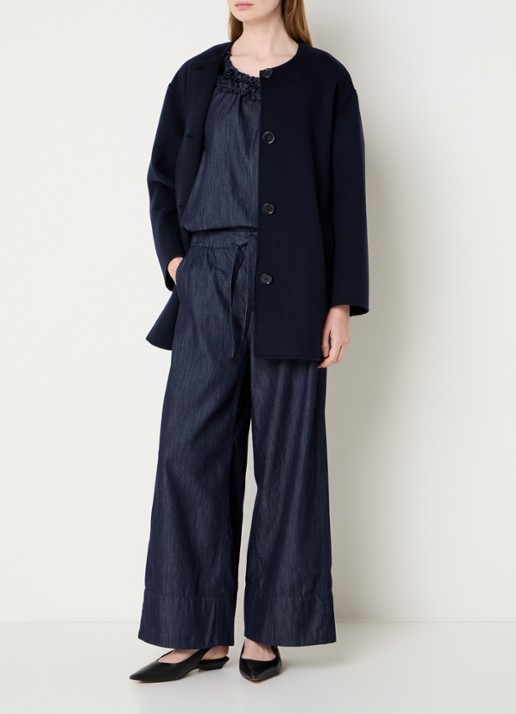 Max Mara Alicia mantel van scheerwol met steekzakken en sjaalkraag - voorkant 2 donkerblauw