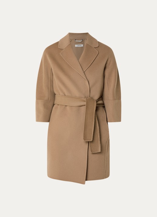 Max Mara Arona mantel van scheerwol met steekzakken en strikceintuur - voorkant camel