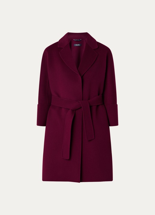 Max Mara Arona mantel van scheerwol met steekzakken en strikceintuur - voorkant bordeauxrood