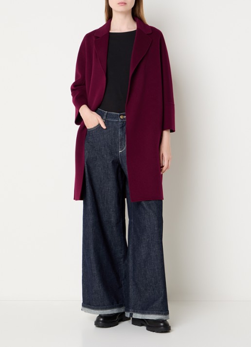 Max Mara Arona mantel van scheerwol met steekzakken en strikceintuur - voorkant 2 bordeauxrood