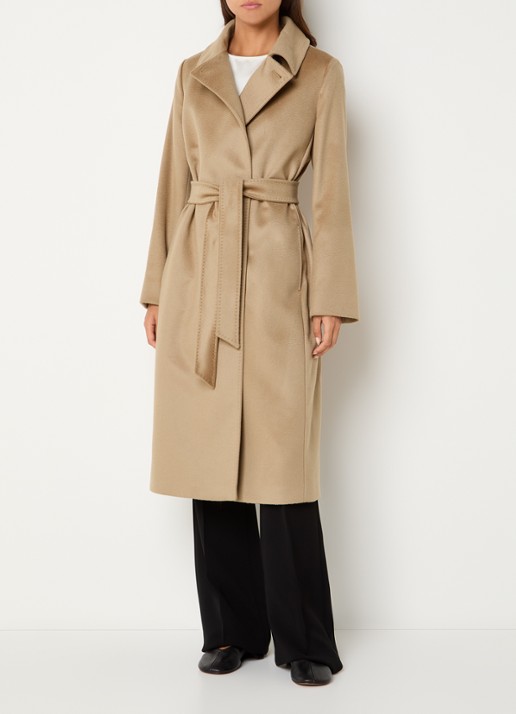 Max Mara Bcollag mantel van scheerwol met strikceintuur - voorkant 4 beige
