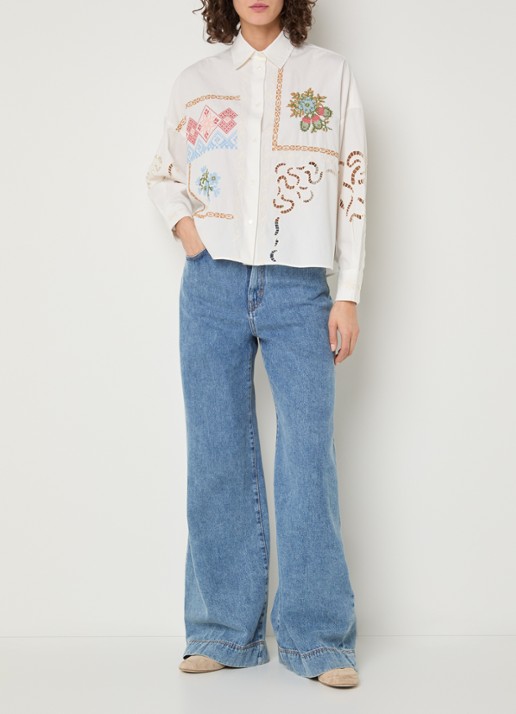 Max Mara Blouse met borduring en opengewerkt detail - voorkant 4 wit
