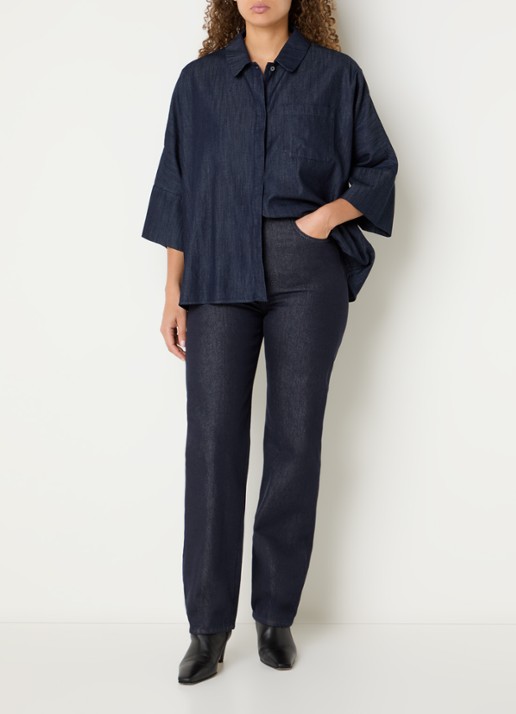 Max Mara Blouse van denim met borstzak - voorkant 4 indigo