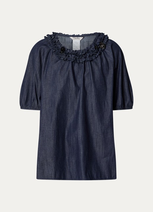 Max Mara Catia tuniek van denim met ballonmouw en strass - voorkant 3 indigo