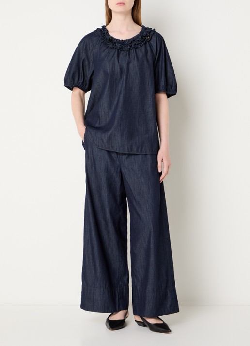 Max Mara Catia tuniek van denim met ballonmouw en strass - voorkant 4 indigo