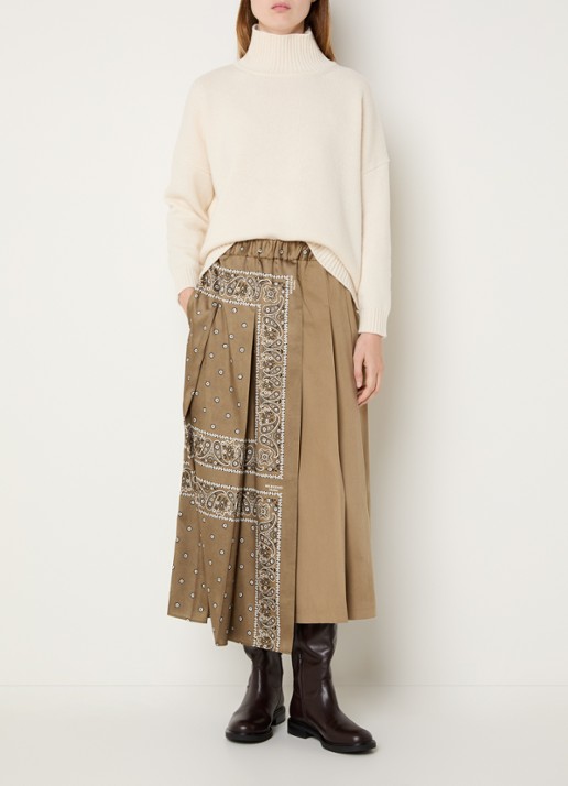 Max Mara Ceci midi plooirok met paisley dessin en asymmetrische zoom - voorkant 2 lichtbruin