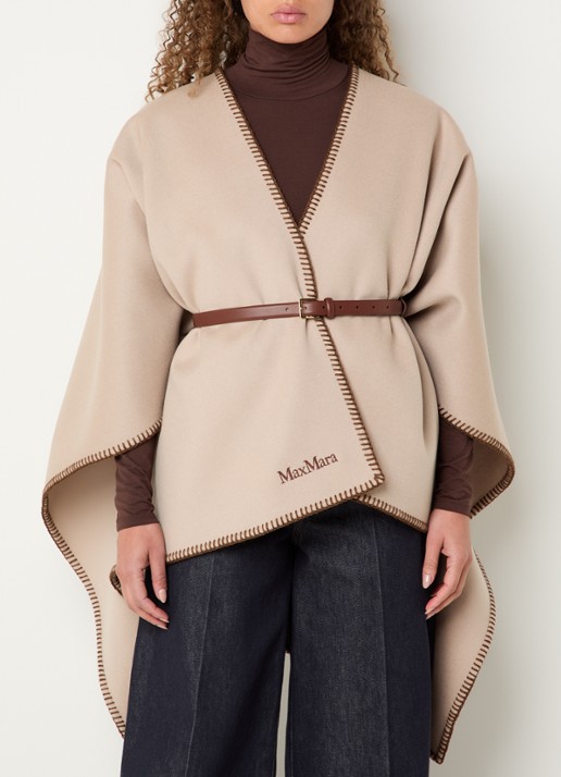 Max Mara Colomba cape van wol met ceintuur - detail zand